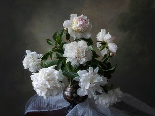 Still life with splendid bouquet white peonies