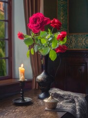 Still life with red roses and candle
