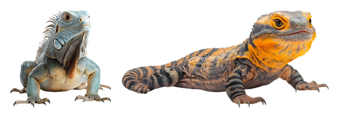 Two Lizards One Blue Iguana And One Yellow Chuckwalla Are Shown On A Transparent Background In A Horizontal Composition