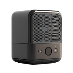 A modern air purifier with controls and a mesh surface on transparent background
