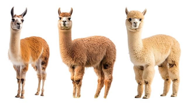 Three Alpacas With Different Color Variations Stand Side By Side Against A Transparent Background Isolate