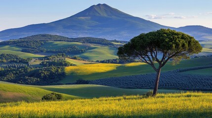 Lush hills and a solitary tree under a vast sky.