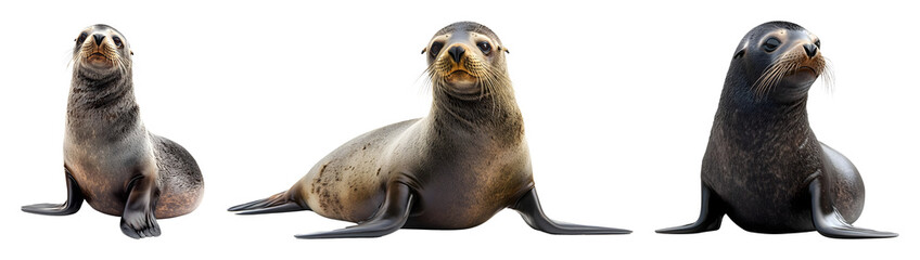 Naklejka premium Three sea lions are positioned side by side in a row each facing forward with slightly different poses on black