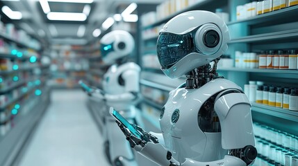 A futuristic pharmacy with robotic assistants dispensing medications to customers 