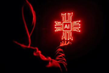 Person Holding Holographic AI Circuit Board in Red Neon Light