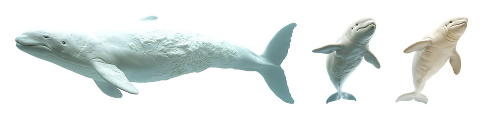 Naklejka premium Three isolated Beluga whales are visible against a black backdrop one swimming sideways the other two facing forward