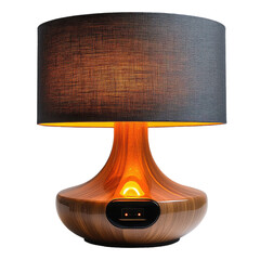 A lamp with a wooden base and a fabric lampshade lit up on transparent background
