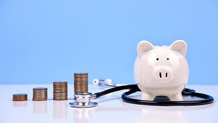 Saving for Healthcare: Piggy Bank and Coins with Stethoscope