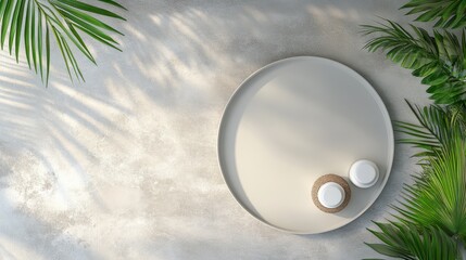 Light beige round tray with white containers and tropical leaves on a textured surface.