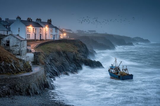 Stormy Coastal Village Scene With Fishing Boat