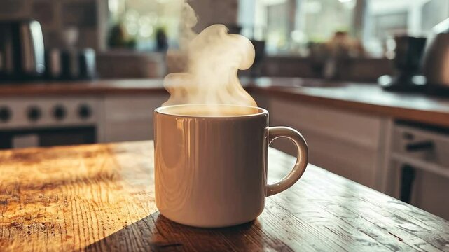 Steam rising from a white mug on a wooden table