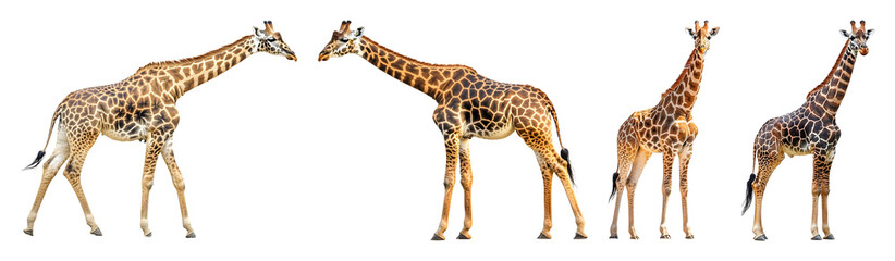 Fototapeta premium Four Giraffes Display Spotted Patterns And Long Necks Posed On A Transparent Background Revealing Unique Angles And Positions