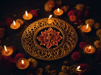 Festive Ornate Gold Plate with Flower and Candles Surrounded by Flowers