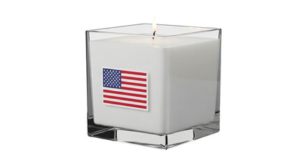 Patriotic American flag candle for Memorial Day, Veterans Day, 4th of July, or 9/11 remembrance, isolated on white & transparent background. Ideal for national pride, commemorative events,