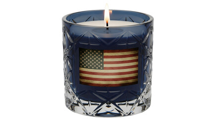 A lit patriotic candle in a decorative dark blue glass holder prominently displaying an American flag, ideal for Independence Day, 4th of July celebrations, Memorial Day tributes,