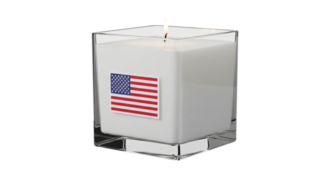 Patriotic American flag candle for Memorial Day, Veterans Day, 4th of July, or 9/11 remembrance, isolated on white & transparent background. Ideal for national pride, commemorative events,
