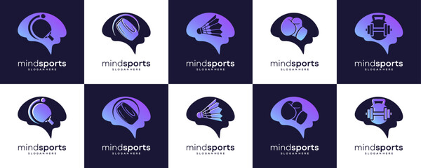 Set Collections of Mind with Sport Hobbies Healing Logo Design Ideas. Abstract Vector of Mental Health of the Mind Through Hobbies and Sports Concept.