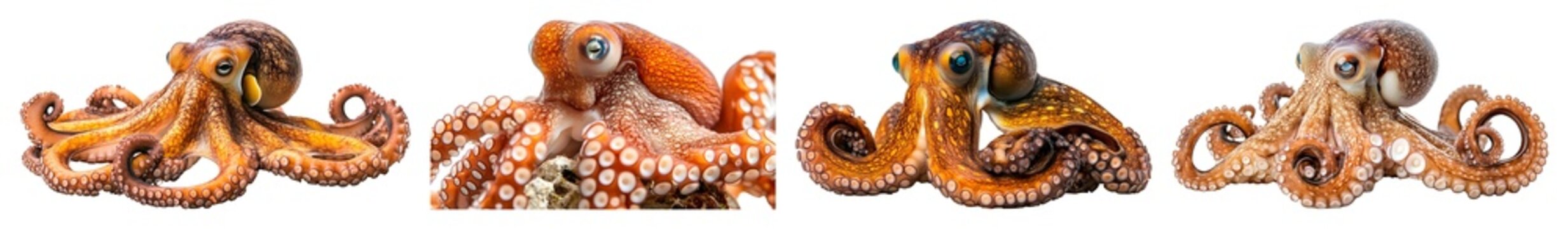 Four Detailed Octopus Images In A Horizontal Row Against A Transparent Background Displaying Textured Skin And Tentacles