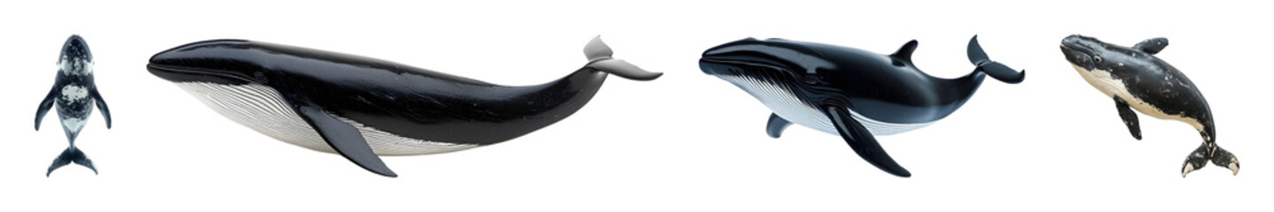 Collection of several dark gray whale figurines displayed against a black backdrop showcasing different angles and poses