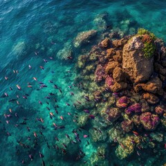 Colorful Fish School Over Coral Reef Underwater