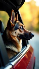 GSD enjoying a car ride, head and ears out window , journey, car window
