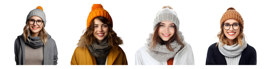 Four smiling women in winter outfits with hats and scarves against a black backdrop ready for isolation