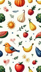 Hand-drawn whimsical icons, repeating seamlessly , sketch, clipart