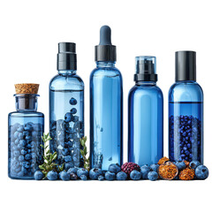 Assortment of blue bottles with berries and ingredients on transparent background