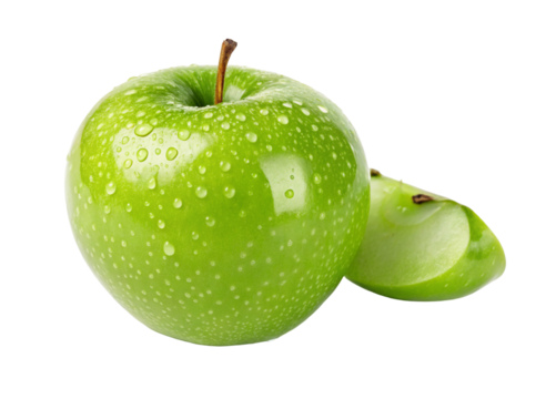 Fresh green apple with slice and water droplets healthy eating fruit nutrition food photography close up view