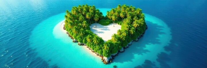 Heart-shaped island paradise, lush vegetation, turquoise water, green, idyllic