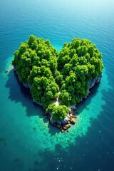 Heart-shaped island, lush vegetation, turquoise water, high angle view, serenity