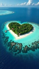 Heart-shaped isle, pristine beaches, vibrant coral reefs, nature, sand