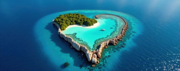 Heart-shaped isle, vibrant coral reef, clear blue sea, drone, beautiful