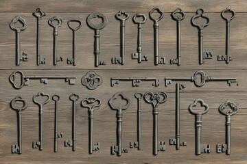 An assortment of antique-style keys displayed on a wooden surface.