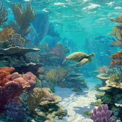 Sea Turtle Swimming In Colorful Coral Reef