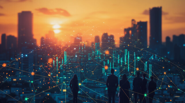 business team stands on the peak of success amid tall, innovative Smart city and graphs with statistics to analyze business potential and predict future developments in company growth., innovative