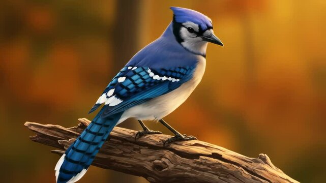 Blue Jay Bird Perched on Branch in Autumnal Forest