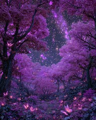 Magical Purple Forest At Night With Glowing Trees And Butterflies