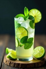 Iced mojito, lime wedges, mint sprigs on rustic wood, photography, drink