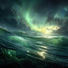 Glowing Green Underwater Sea Waves At Night