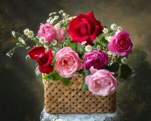 Still life with basket of summer garden roses