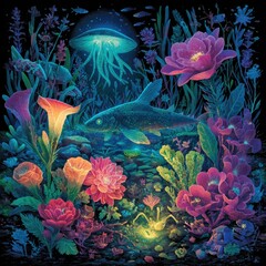 Vibrant Underwater Floral Scene With Glowing Fish And Jellyfish