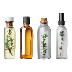 Four bottles containing herbs and liquid in a row shot on transparent background