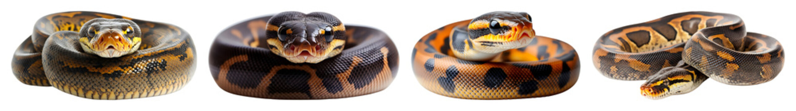 Four ball pythons coiled against a black backdrop displaying scales in shades of brown black and orange