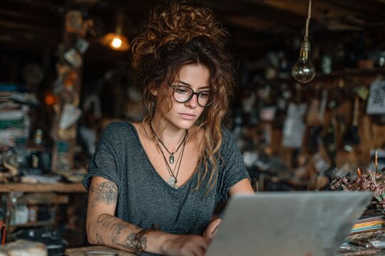 Young Woman with Curly Hair Works on Laptop in Artistic Workshop