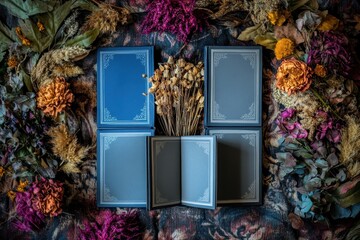 Decorative books surrounded by dried flowers and foliage.