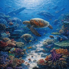 Obraz premium Colorful Coral Reef Underwater Scene With Sea Turtles