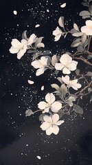 Traditional Chinese black background white flower tree branch illustration poster background
