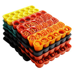 Colorful trays filled with assorted food preparations on transparent background