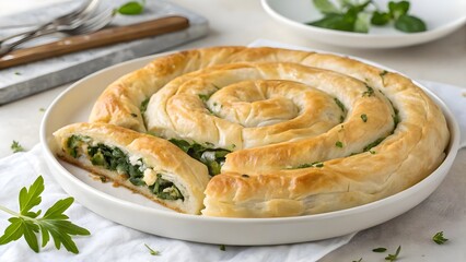 Savory Spiral Pastry Dish with Greens and Cheese on White Plate